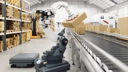 A robot is placing boxes on a conveyor belt in a warehouse